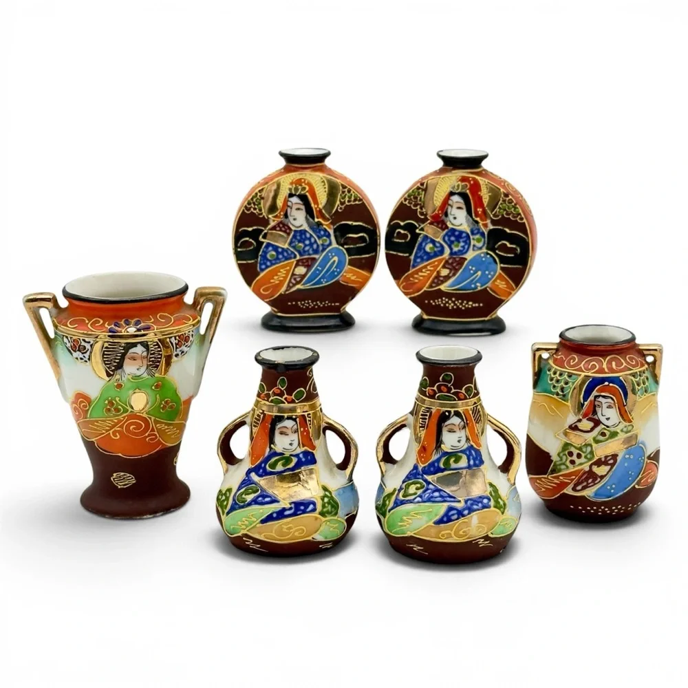 6 Vtg Japanese Satsuma Miniature Vases Lot Takito TT Mark Moriage Geisha Cabinet - Picture 11 of 11